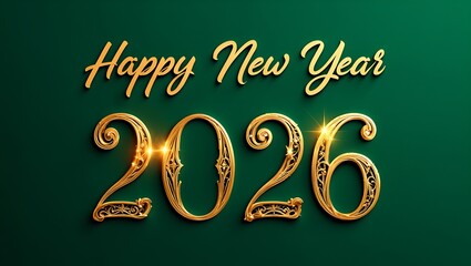 Elegant Golden Happy New Year 2026 Typography on a Festive Green Background, Celebrating the Upcoming Year with Joy and Prosperity