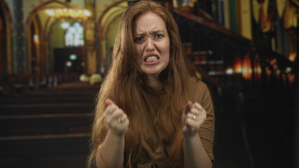Young redhead woman in brown dress clenches bare hands into fists inside ornate church building aisle; anger frustration.