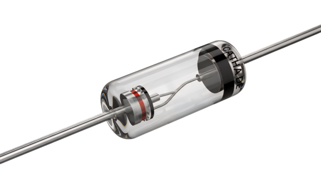 High-detail macro photograph of a clear glass-encapsulated electronic semiconductor component with metallic leads, showcasing intricate internal structure, isolated on transparent background