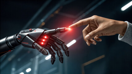 Robotic hand touching human finger in glowing futuristic environment symbolizing advanced AI interaction, human-machine connection, and technological collaboration