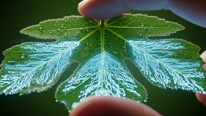 Green leaf with glowing veins held by fingers against dark background