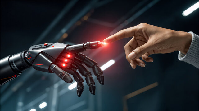Robotic hand touching human finger in glowing futuristic environment symbolizing advanced AI interaction, human-machine connection, and technological collaboration