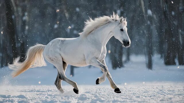 A magnificent white horse with a flowing mane and tail gallops through a pristine, snow-covered winter forest.