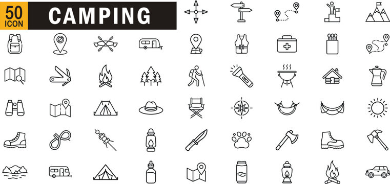 Camping editable outline icon set. Hiking trekking outdoor adventure forest travel mountain camping gear nature exploration and more