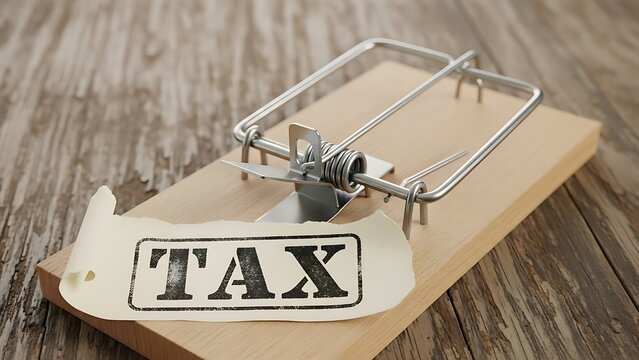 Tax burden concept with mousetrap and the word TAX to represent the financial implications and challenge for businesses and individuals due to the economic pressure and government regulations