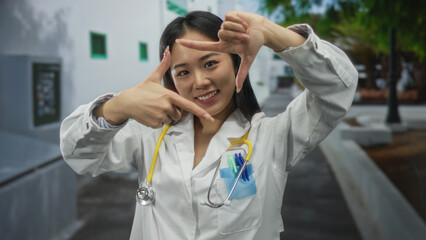 Obraz premium Young chinese woman doctor in uniform with stethoscope outdoors making hand frame gesture on street.