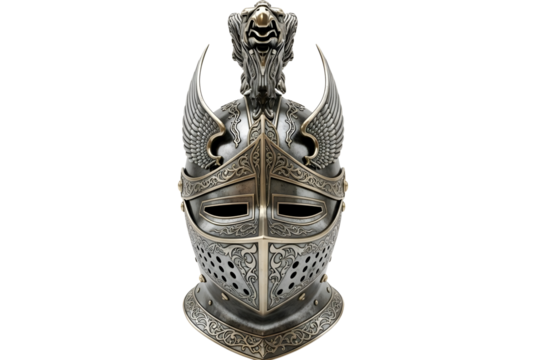 Medieval knight helmet isolated on transparent background, a symbol of protection