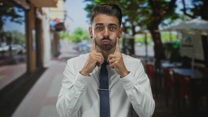 Man in white shirt and tie pointing finger upward with pursed lips on sunlit street by cafe...