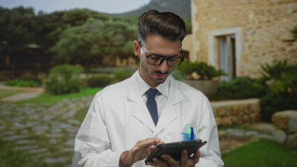 Young hispanic scientist man wearing white lab coat and glasses tapping tablet on old town stone street near ancient building wall under sunlight; data analysis concentration.