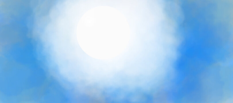 A bright, hazy sky featuring a large, glowing sun diffused by clouds, creating a soft, ethereal effect