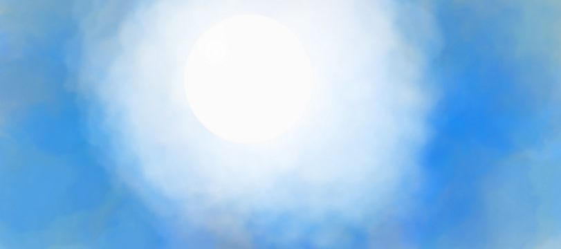 A bright, hazy sky featuring a large, glowing sun diffused by clouds, creating a soft, ethereal effect