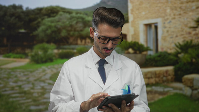 Young hispanic scientist man wearing white lab coat and glasses tapping tablet on old town stone street near ancient building wall under sunlight; data analysis concentration.