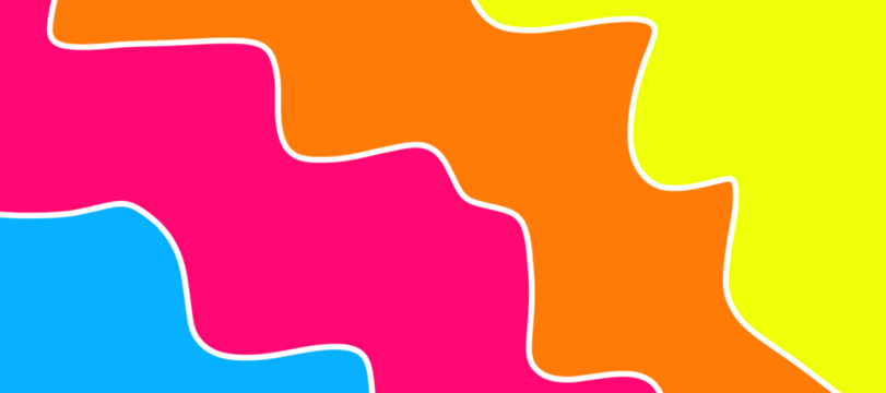 Abstract composition featuring wavy, interlocking shapes in vibrant colors: blue, pink, orange, and yellow