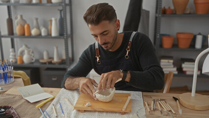Man shapes raw clay bowl with his hands at a wooden table in a studio surrounded by pottery tools; creative concentration.