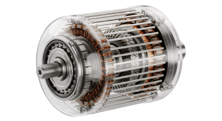 Electric motor, transparent casing showing rotor, stator, windings. Modern engineering and technology, isolated on transparent background