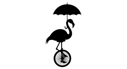 Whimsical flamingo silhouette balances on a unicycle under the protection of an umbrella