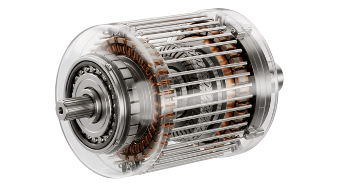 Electric motor, transparent casing showing rotor, stator, windings. Modern engineering and technology, isolated on transparent background