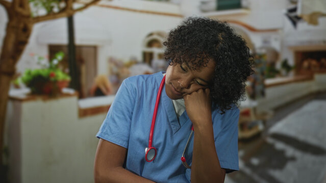 Young african american woman doctor in blue scrubs holds red stethoscope and rests hand on chin on street; concern.