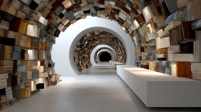 Modern architectural interior featuring a unique tunnel-like design with shelves of books creating a captivating atmosphere, inviting exploration and discovery in a creative space