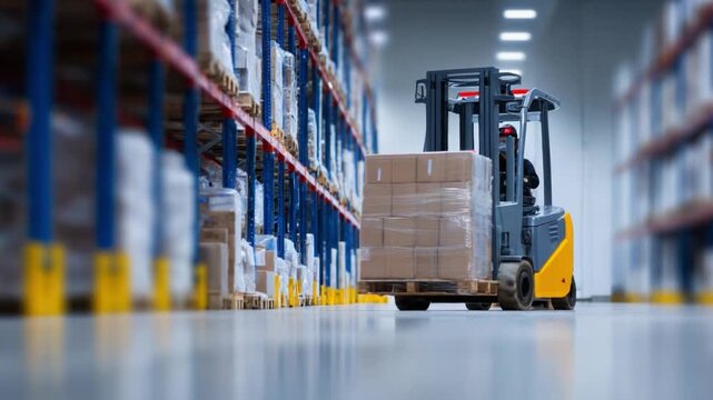 Forklift in Warehouse: The forklift deftly navigates the expansive warehouse, carrying a pallet of packaged goods. This image highlights the industrial rhythm of distribution, efficiency.