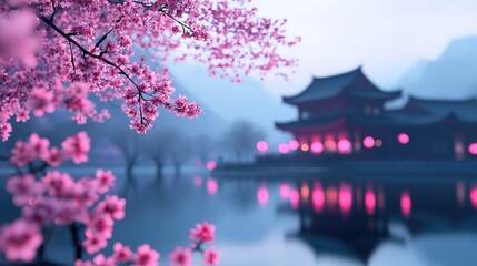 A serene Buddhist temple surrounded by cherry blossoms in full bloom