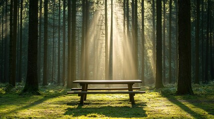 A serene forest clearing with a wooden picnic table and sunlight streaming through the trees