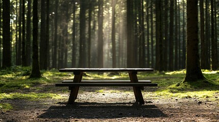 A serene forest clearing with a wooden picnic table and sunlight streaming through the trees