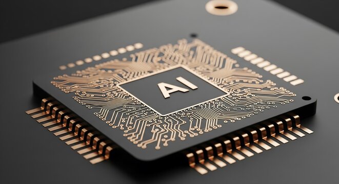 Macro of a healthcare microchip with copper circuitry and matte black base, ultra-detailed lab realism for medical AI visualization