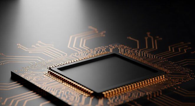 Macro of a healthcare microchip with copper circuitry and matte black base, ultra-detailed lab realism for medical AI visualization