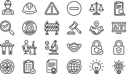 Safety icon set, compliance symbols, legal vector, innovation line art, certified badge, research icons, flat illustration, cad drawing