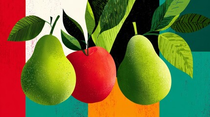 Colorful flat illustration of three fruits, featuring two green pears and one red apple, surrounded by vibrant leaves, showcasing a modern artistic interpretation of nature's bounty