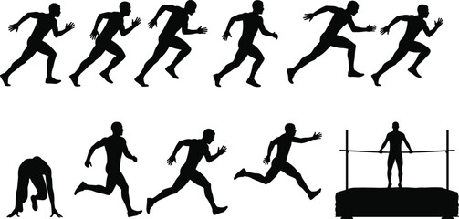 Silhouette, high jump, athlete sequence, sports training, track field, running motion, jumping technique, fitness illustration, competition concept, black white dynamic collection