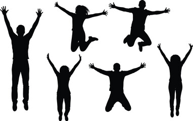 Silhouette, jumping people, happy pose, joyful figures, celebration crowd, dancing motion, freedom concept, success expression, energetic lifestyle, black white illustration, collection
