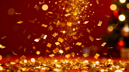 Golden confetti falling and sparkling on a rich red background with blurred christmas tree lights