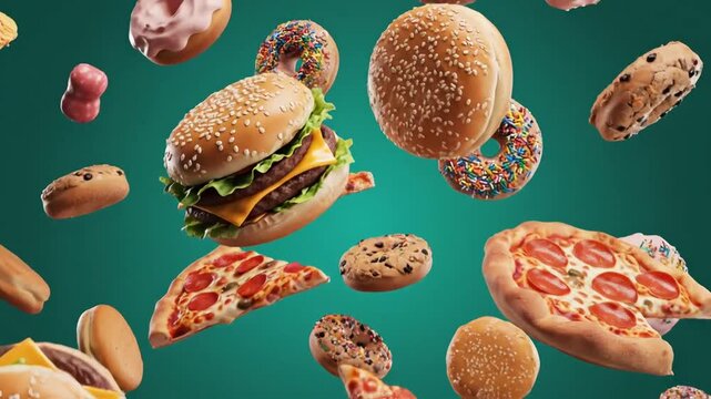 Floating Fast Food Assortment on Teal Background Pizza Burgers Cookies Donuts and Cupcakes in Levitation Concept Sweet and Savory Delights