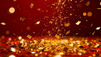 Golden confetti falling and scattering on a rich red background creating a festive and celebratory atmosphere