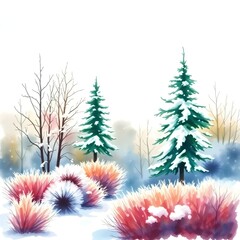 winter forest trees and bushes with snow watercolor illustration