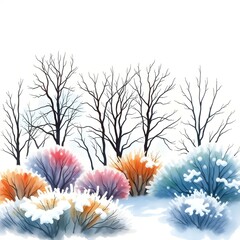 winter forest trees and bushes with snow watercolor illustration