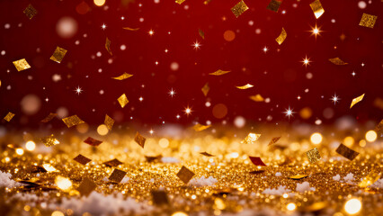 Golden confetti and glitter falling and sparkling against a rich dark red background creating a festive atmosphere