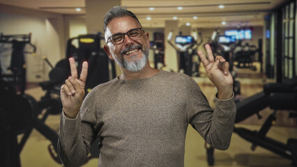 Man middle aged with beard and glasses flashing peace sign with both hands while smiling in gym building; joy wellness.