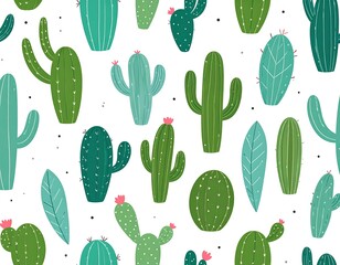 A whimsical pattern featuring various cartoon cacti in shades of green and blue against a white backdrop with small scattered dots