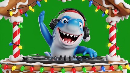 Festive Christmas Shark DJ - A cartoon shark wearing a Santa hat and headphones is DJing on turntables set on a gingerbread house, adorned with Christmas lights against a green screen backdrop. - Powered by Adobe