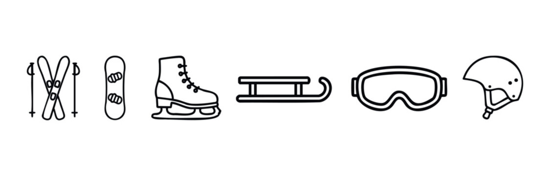Collection of winter sports equipment icons including skis, snowboard, ice skates, sled, goggles, and helmet for recreational activities and active lifestyle concepts.
