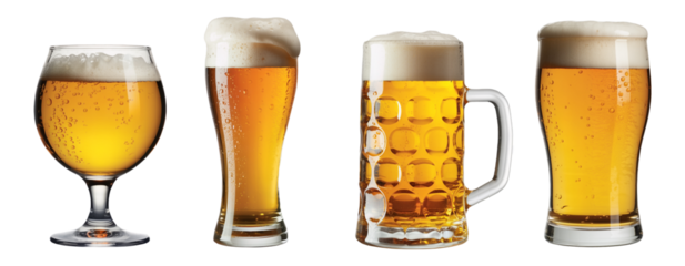 Four different glasses of beer isolated on transparent background
