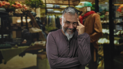 Obraz premium Man with grey beard smiling and points finger to temple showing thinking gesture in building clothing store among racks and a mannequin; wry confidence.