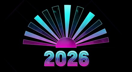 Vaporwave style graphic design with sunburst and number 2026 Symbolizes synthwave culture and futuristic neon aesthetic