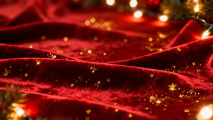 Luxurious deep red velvet fabric draped with sparkling golden glitter and soft glowing christmas lights