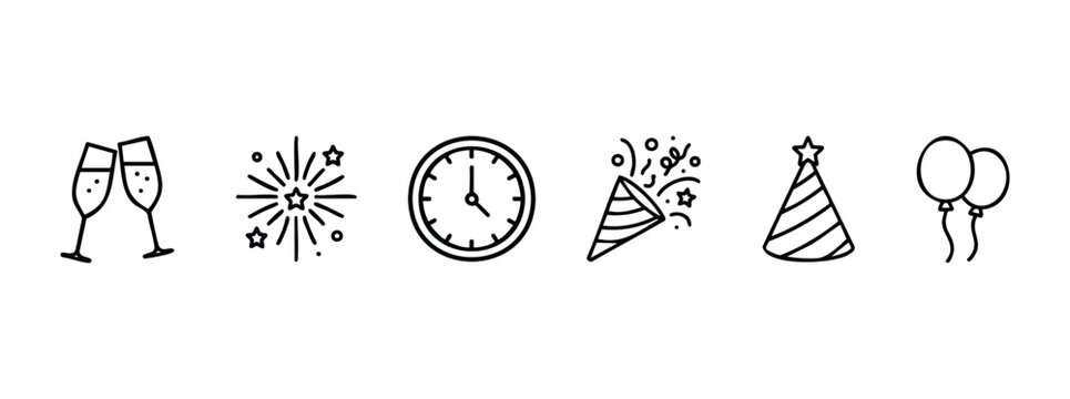 Collection of festive line art icons for New Years Eve celebrations including champagne glasses, fireworks, clock, party popper, party hat, and balloons for party planning and festive