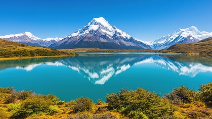 A stunning view of snow-capped mountains towering over a tranquil lake, with the reflection mirrored in the water