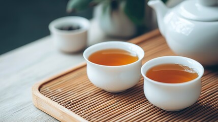 A traditional tea ceremony setup with delicate porcelain teacups and a bamboo mat